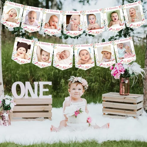 Vista 6 de Cartel de fotos de primer cumpleaños con tema de flores silvestres de recién nacido a 12 meses para niñas, registro de crecimiento mensual de hitos