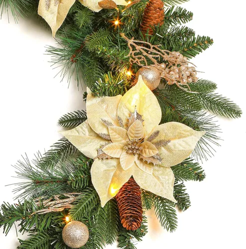 Vista 6 de SHareconn Guirnalda de Navidad Preiluminada de 9 Pies con Luces LED Multicolor, Temporizador a Batería, Guirnalda Iluminada con Bola de Flor