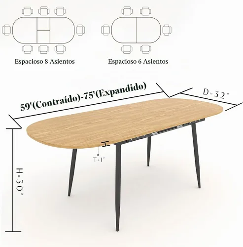 Vista 3 de Mesa de comedor extensible de 75 x 32 pulgadas, mesa ovalada de madera con patas de metal, ahorro de espacio, extensible de 59 a 75 pulgadas