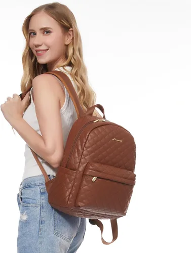 Vista 2 de LOVEVOOK Mochila pequeña acolchada para mujer, mochila de cuero, impermeable, para viajes de trabajo, Marrón, Compacto