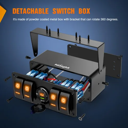 Vista 2 de Nilight - Caja de interruptor basculante (4 cuadrillas, 12 V, SPST, encendido), color naranja Toggle Switches PD Type C and QC 3.0 USB Sockcet