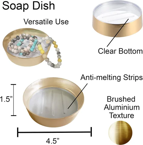 Vista 5 de Bandeja dispensadora de taza de jabón de oro cepillado dorado Draining soap bar holder, for bath and kitchen sink, countertop, modern decor, Gold