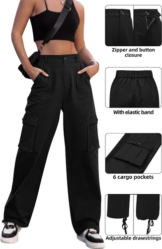 Vista 5 de Zmpsiisa Pantalones cargo de cintura alta, para mujer, pantalones informales de pierna ancha, 6 bolsillos, pantalones militares de combate