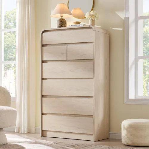 Vista 15 de Aitjunz - Cómoda moderna de 5 cajones para dormitorio, 45 pulgadas de alto, diseño de perfil curvo, cómoda vertical de madera estilo Mid-Century
