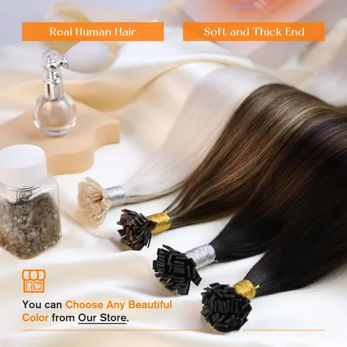 Vista 7 de Sunny Hair Extensiones de cabello humano con queratina, rubio ceniza con reflejos rubio decolorado, extensiones de cabello con punta plana, 14