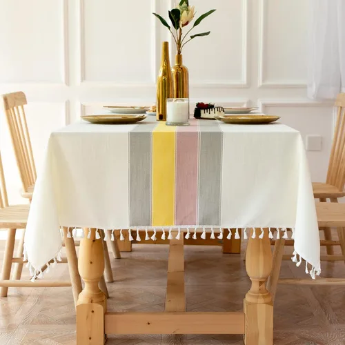 Vista 15 de Mantel rústico bordado con borla, lino de algodón sin arrugas, antidecoloración, lavable, a prueba de polvo, para comedor, cocina, fiesta, Azul