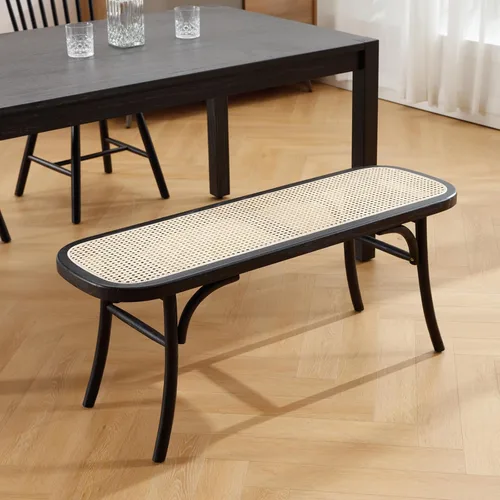 Vista 4 de Banco de comedor de madera negra con asiento de ratán, banco de acento bohemio para entrada, dormitorio, extremo de cama, ventana de cocina, espacio