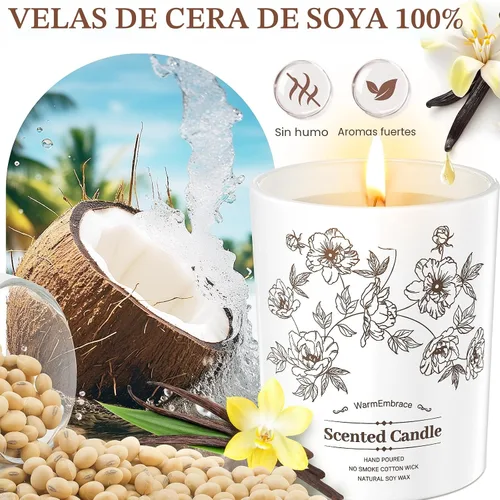 Vista 2 de Vela perfumada de lujo para mujeres y hombres, vela de cera de soja de coco y vainilla, vela en tarro de 8 onzas para el hogar, perfumada, 60 horas
