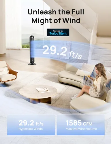 Vista 3 de Dreo Combo de ventilador de torre y calentador, ventiladores de pie de 29.2 pies/s para dormitorio, 17 niveles, 6 modos, oscilación de 120°, 42