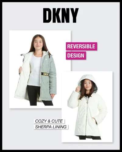 Vista 2 de DKNY Chaqueta reversible con capucha para niñas, abrigo acolchado de nailon o forro de sherpa