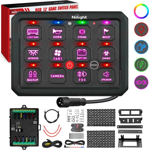 Vista 21 de Nilight Panel de Interruptores de 6 Posiciones Sistema de Relé de Control de Circuito Universal con Arnés de Cableado con Fusible LED Pod Regulable