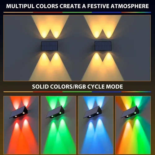 Vista 2 de Luces solares para valla, paquete de 6 luces solares para exteriores, color blanco cálido + RGB arriba y abajo, impermeables, 100 lúmenes