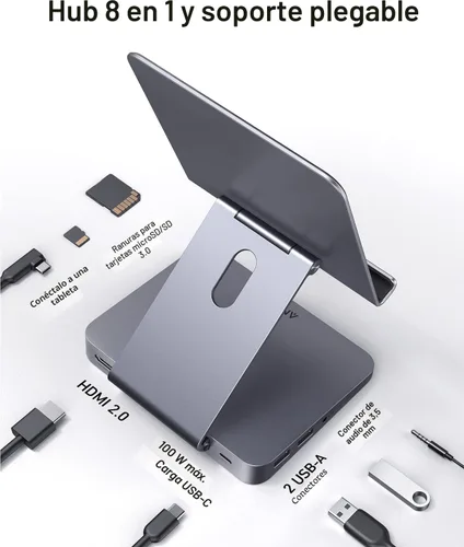 Vista 3 de Anker Hub USB C para iPad, 551 USBC Hub (8 en 1), con soporte plegable para tableta, HDMI 4K, 2 puertos de datos USB-A, para iPad Pro 5ª