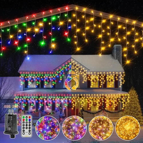 Vista 3 de Ollny Luces de carámbano para exteriores, 306 LED de 25 pies, luz de Navidad que cambia de color con control remoto, 11 modos de temporizador