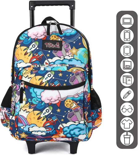 Vista 3 de Tilami Mochila rodante de 18 pulgadas con doble asa con bolsa de almuerzo con ruedas para niños