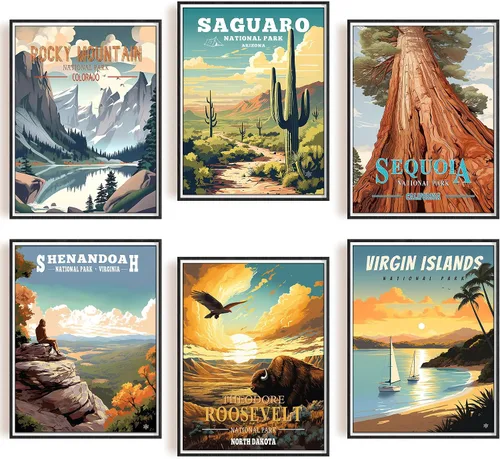 Vista 7 de SHOXREM Arte abstracto para pared del parque nacional: juego de 6 carteles de viaje para celebrar la decoración de pared de montaña, 8 pulgadas