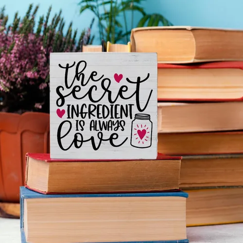 Vista 5 de Divertida decoración de cocina y escritorio, caja de madera, letrero inspirador con corazón de amor, rústico, bloque de madera negra, letrero