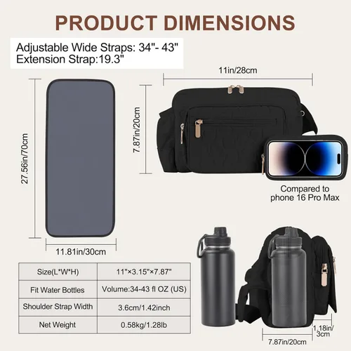 Vista 4 de Rexmore Bolso de Cadera Acolchado para Mamá - Bolso Compacto de Mujer con Cambiador Portátil y Bolsillo para Toallitas, Organizador de Viaje y Negro