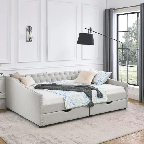 Vista 9 de Base de cama tamaño matrimonial de madera, base de cama diurna con 2 cajones de almacenamiento, sofá cama tapizada de tamaño matrimonial con diseño