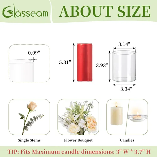 Vista 2 de Glasseam Jarrones Cilíndricos para Centros de Mesa, Juego de 6 Jarrones de Vidrio Transparente para Flores, Jarrón Moderno Pequeño para Velas