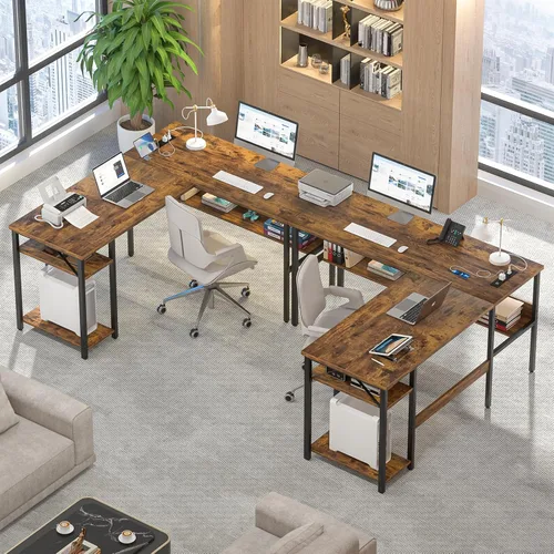 Vista 2 de Escritorio reversible en forma de L para computadora con tomas de corriente y puertos de carga USB, escritorios esquineros resistentes con estante