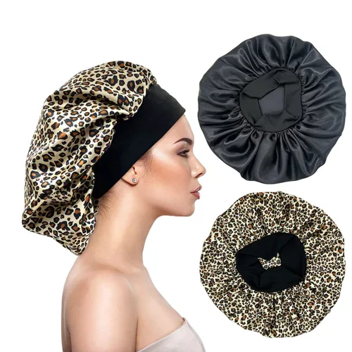 Vista 9 de 2 gorros grandes de seda satinada para dormir, gorros de banda ancha elástica para trenzas de mujeres negras, gorras de seda para dormir nocturnas