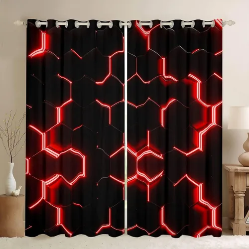 Vista 44 de Feelyou - Cortinas de ventana en forma de panal, tema geométrico hexagonal con luces de neón verdes, para chicos adolescentes y hombres, elegante
