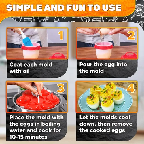 Vista 5 de Caldera de huevos para huevos duros sin cáscara, juego de 6 moldes para huevos duros, caza furtiva y hacer sándwiches, kit todo en uno, silicona