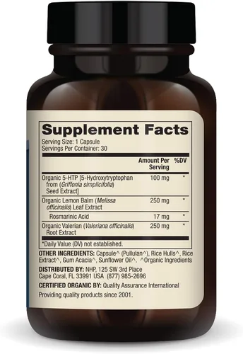 Vista 2 de Dr. Mercola 5-HTP orgánico con raíz de valeriana y bálsamo de limón, 30 porciones (30 cápsulas), suplemento dietético, Suports Restful Sleep, sin