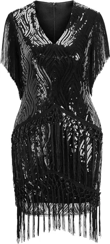 Vista 5 de BABEYOND Vestido de fiesta de los años 1920 con flecos largos de Gatsby con lentejuelas de los años 20s vestido vintage Art Deco