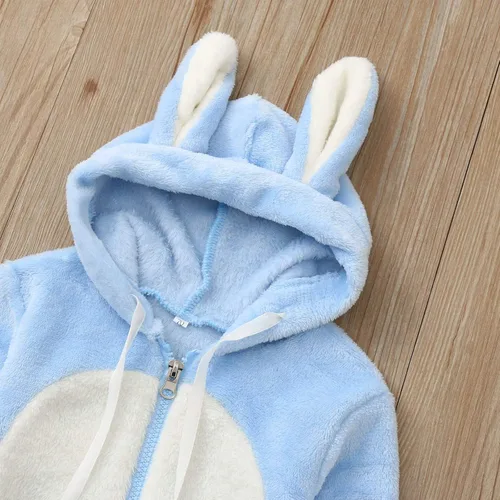 Vista 4 de Mono con capucha de conejo de vellón para bebés y niñas, con cremallera, lindo conejito, mullido para invierno, cálido, suave, acogedor mameluco