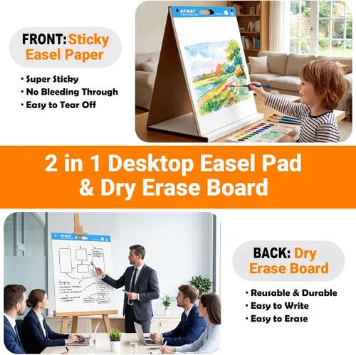Vista 3 de AFMAT Tabletop Sticky Easel Pad & Dry Erase Board 2 in 1, 20 x 23 in Portable Easel Stands for Teachers, Super Sticky & Bleed-Resistant, Ideal for