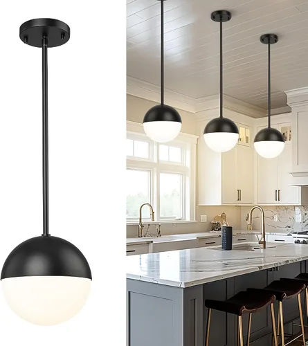 Vista 13 de LMS Lámpara Colgante de Mediados de Siglo de 6 Pulgadas, Lámparas Colgantes de Color Negro Mate con Cristal de Globo Blanco, Lámparas de Techo