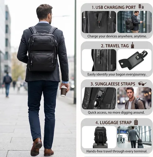 Vista 4 de LANNSYNE Full Grain Leather Backpack for Men, 16" Laptop Backpack with USB Charging Port, Business Travel Daypack