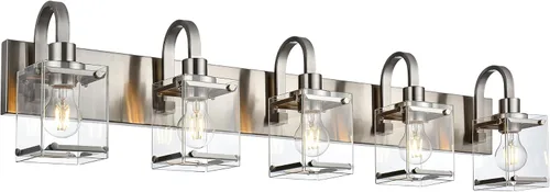 Vista 9 de Lámparas de tocador de baño de 3 luces, modernas luces de tocador con pantalla de vidrio transparente, lámpara de pared de níquel cepillado