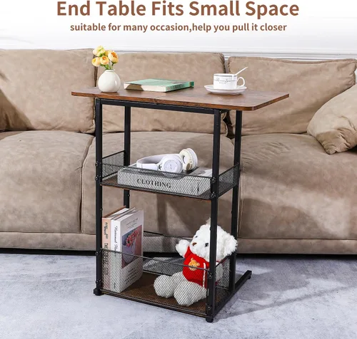 Vista 8 de Mesa auxiliar en forma de C con cesta de almacenamiento, mesa de sofá pequeña con ruedas para sofá reclinable, mesas auxiliares color marrón rústico