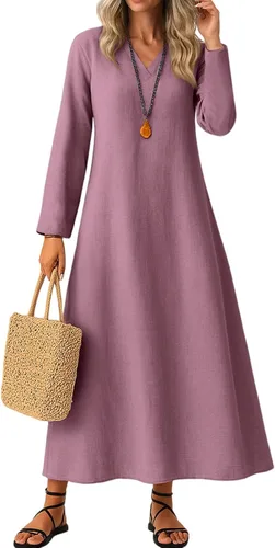 Vista 12 de Vestido de lino de algodón para mujer, de manga larga, holgado, ligero, básico, con cuello en V, vestido largo y modesto