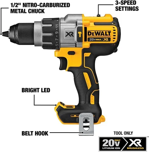 Vista 2 de DEWALT Taladro de martillo inalámbrico MAX XR de 20 V, sin escobillas, resistente de 1/2 pulgada, 3 velocidades, solo herramienta (DCD996B)