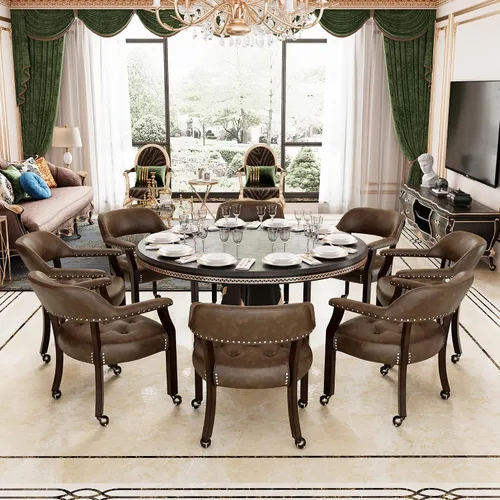 Vista 55 de LEEMTORIG Juego de 2 sillas de comedor con ruedas y brazo, sillas de comedor grandes con ruedas, silla de mesa de póquer de madera maciza, 26