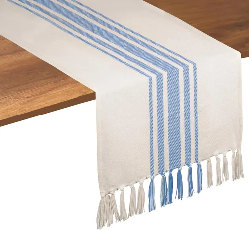 Vista 10 de Native Fab Camino de mesa a rayas grises – Mantel bohemio de 72 pulgadas de largo con borlas – 100% algodón, tejido apretado, mantel antideslizante
