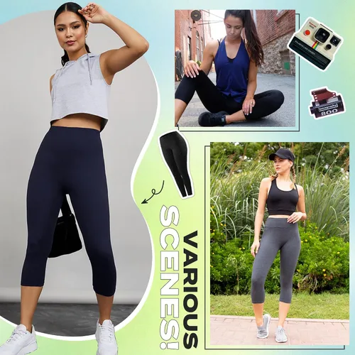 Vista 45 de NexiEpoch - Paquete de 4 leggings suaves para mujer, con bolsillos, control de abdomen y cintura alta, pantalones capri para yoga y ejercicio