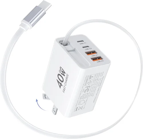 Vista 10 de Cargador USB C retráctil de pared con cables tipo C, carga rápida de 65 W, multipuerto de ladrillo esencial de viaje para Mac Book Pro/Air, iPhone