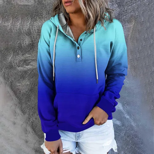 Vista 2 de DOLKFU Sudadera de manga larga con cuello para mujer, con estampado gráfico degradado, con botones, ajuste holgado, ropa de otoño