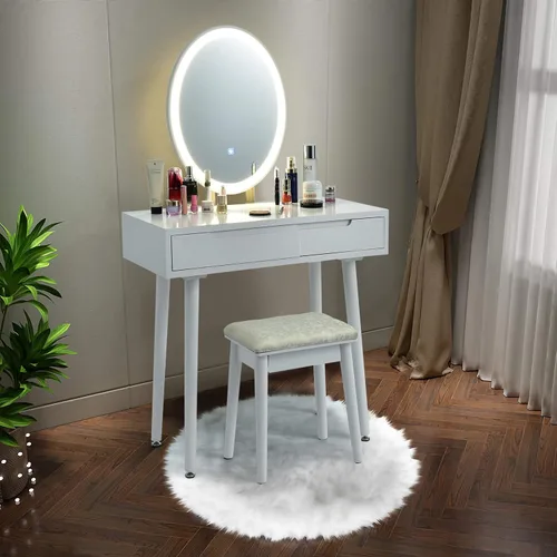 Vista 2 de CHARMAID Juego de tocador con espejo iluminado, espejo de brillo ajustable de 3 modos, tocador de maquillaje con taburete acolchado, 2 cajones