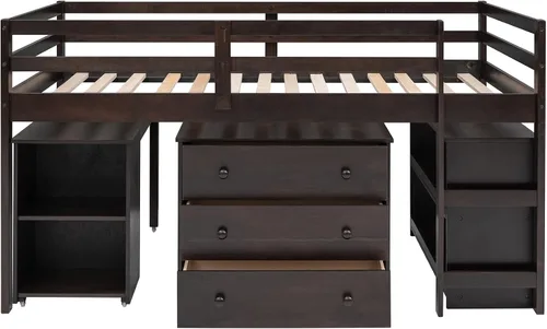 Vista 4 de Base de cama baja de madera con escritorio portátil rodante, cama alta individual con armario abierto y cajones, cama baja con estante para niños