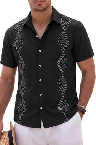 Vista 23 de KYKU Hawaiian Shirt for Men: Tropical Summer Beach Short Sleeve Button Down Shirt with Pocket Camisa de verano beige para hombre