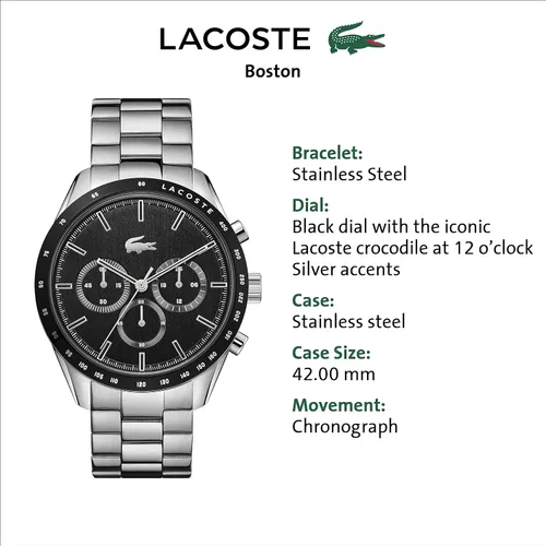 Vista 5 de Lacoste Boston - Reloj de cuarzo para hombre con correa de acero inoxidable plateado 20 modelo 2011079 plateado Reloj de cuarzo cronógrafo