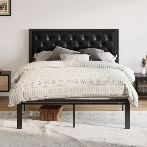 Vista 9 de Allewie Base de cama individual con cabecera tapizada de piel sintética, diseño elegante con costuras de diamante, no necesita somier, color negro