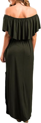 Vista 3 de Sarin Mathews - Vestido de fiesta para mujer estilo casual largo hasta los tobillos con volantes hombros descubiertos abertura lateral y bolsillos