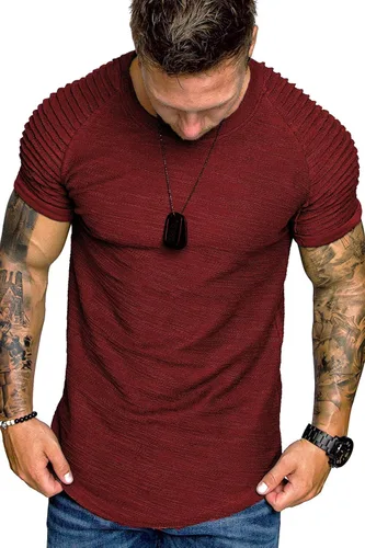 Vista 3 de COOFANDY - Camiseta muscular para hombre, camiseta de manga raglán plisada para culturismo, camisetas a la moda de manga corta para entrenar